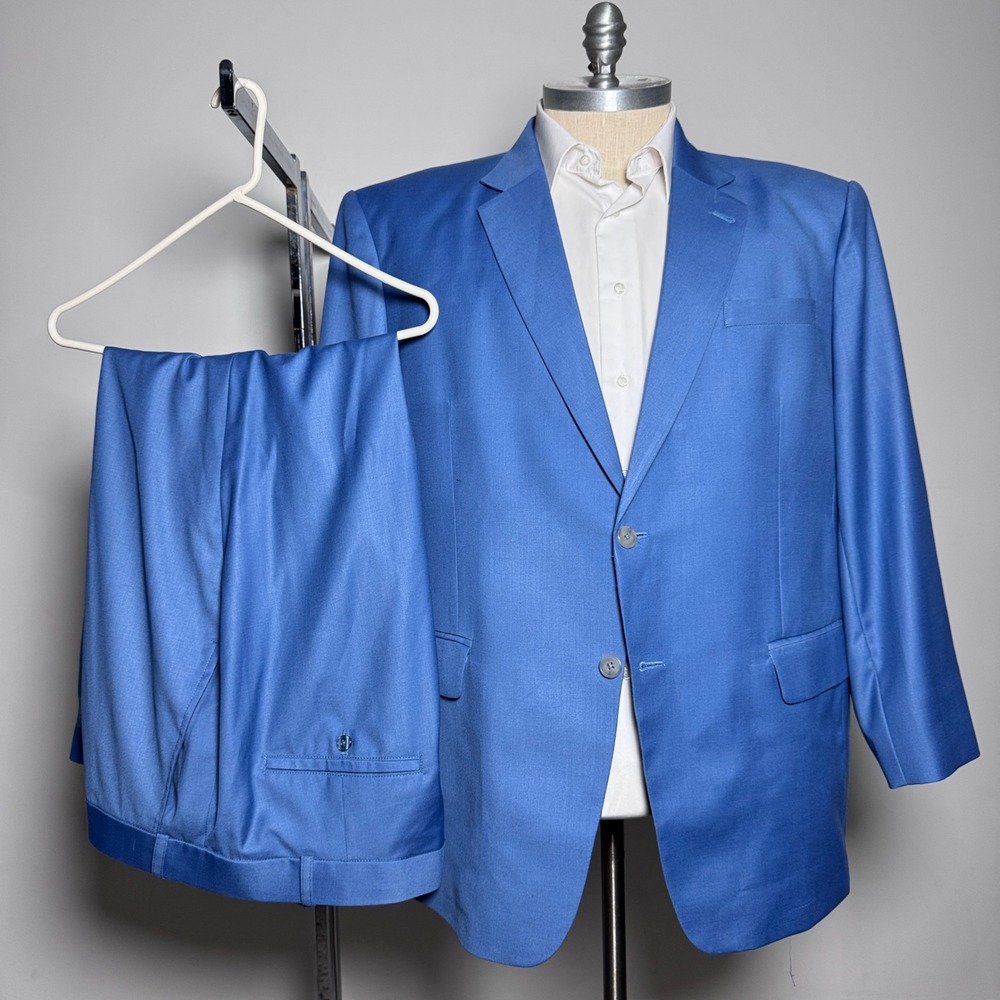 Custom Tailored Suit Mens 54S W47‎ L29 Blue Solid 2-Piece Single Vent Modern
